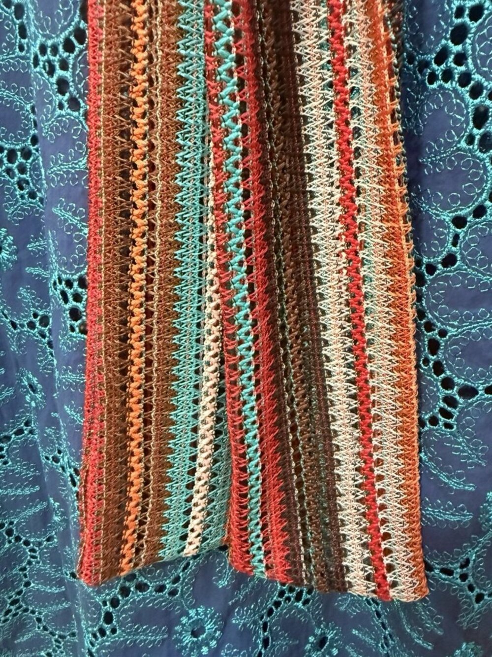 Save The Queen Italy Teal & Blue Eyelet Cotton Midi Dress Belted Boho Size M - Picture 11 of 16